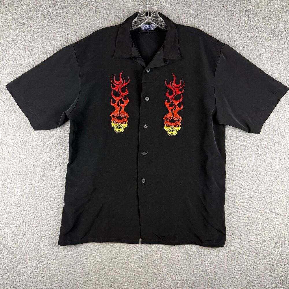 Silver Point Shirt Men’s XL Short Sleeve Button Down Black Flames